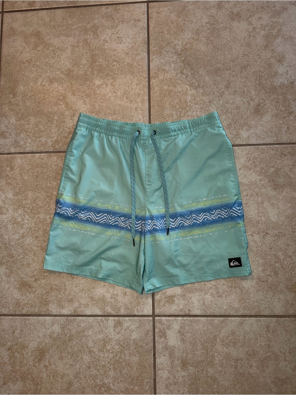Quiksilver Vintage Light Teal Green Blue Yellow White Swim Trunk Shorts